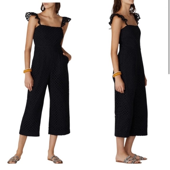 J Crew‎ Black Ruffle Jumpsuit Eyelet Sz 14 AP155 - Picture 2 of 7